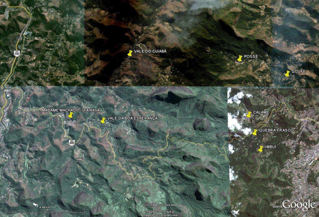 Mapa do Google Earth sobre a região mais afetada de Itaipava e Teresópolis